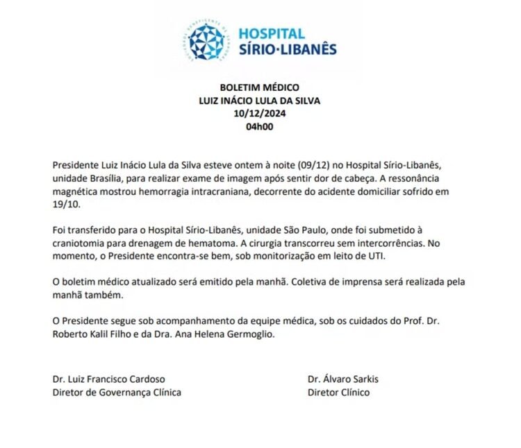 Boletim m&eacute;dico presidente Lula